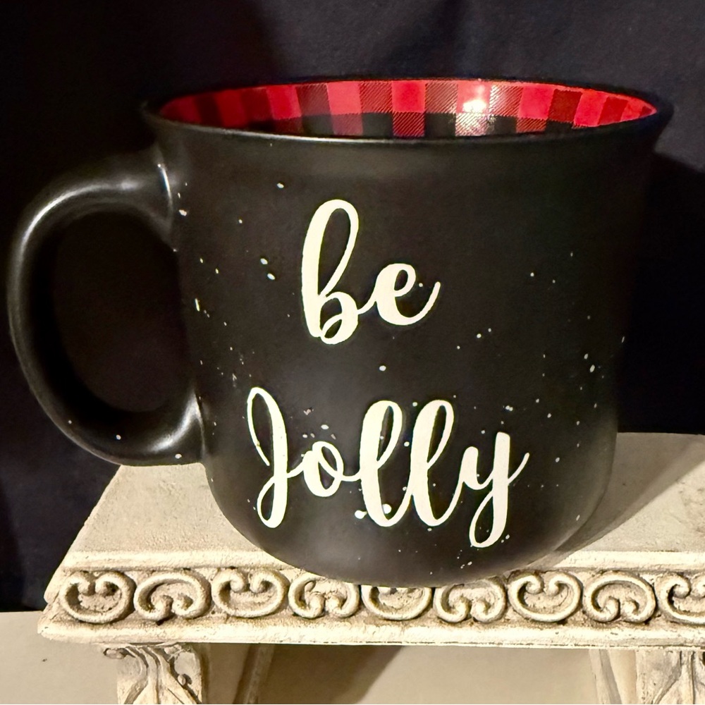 Peppermint & Pine “Be Jolly” 20oz coffee mug. Black with Buffalo plaid inside.